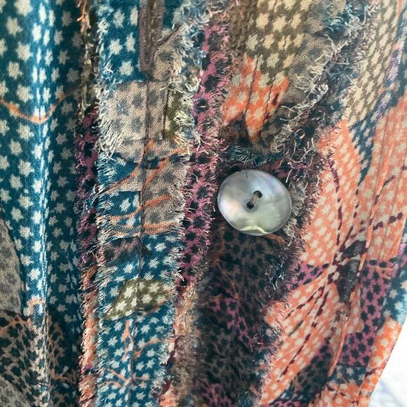 Floral silky Blouse kimono jacket pleat open front button vneck pink blue cardi - Picture 10 of 14